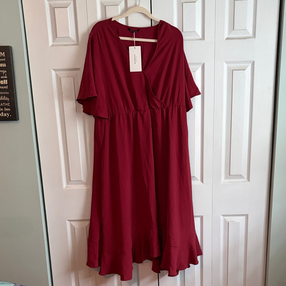 NWT BloomChic Wine Red V-Neck Ruffle Maxi Dress